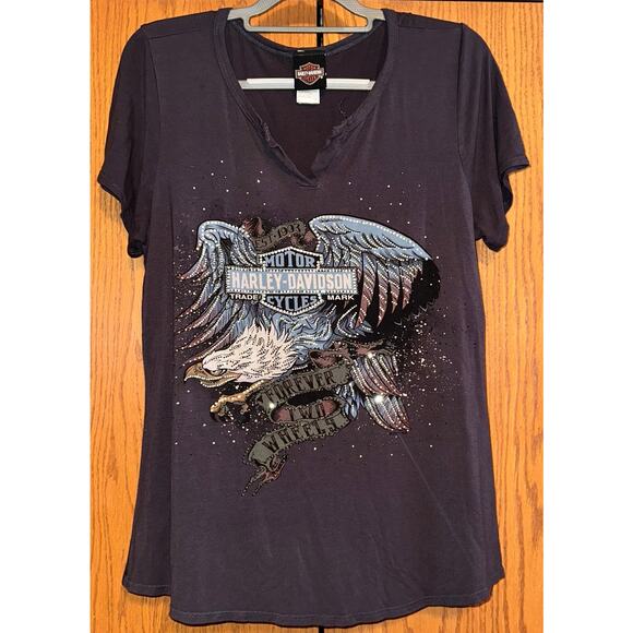 Harley Davidson Women's Jeweled Logo Forever Two Wheels V-Neck Tshirt Size XL - Picture 1 of 8